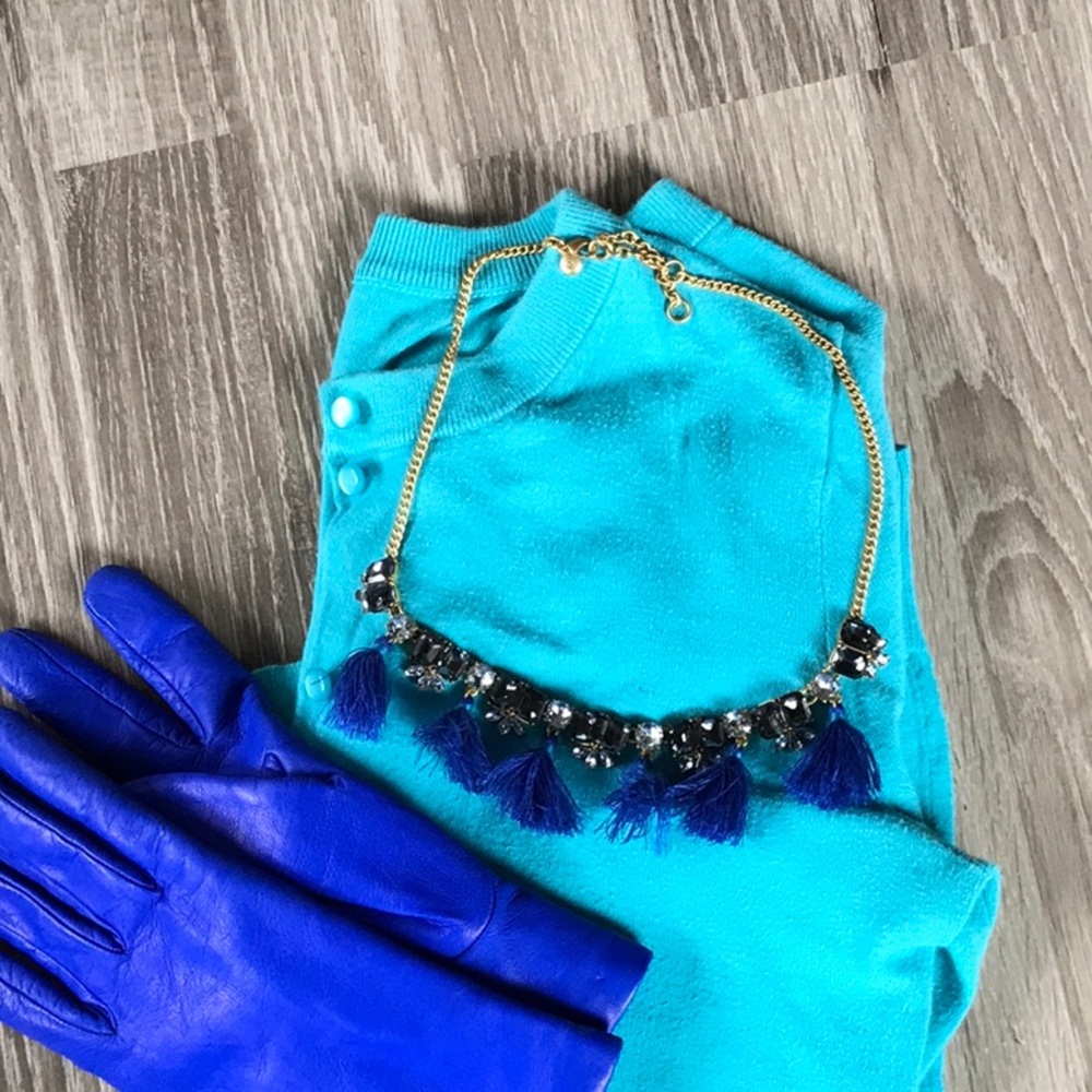 J. Crew cobalt blue tassel and gray crystals